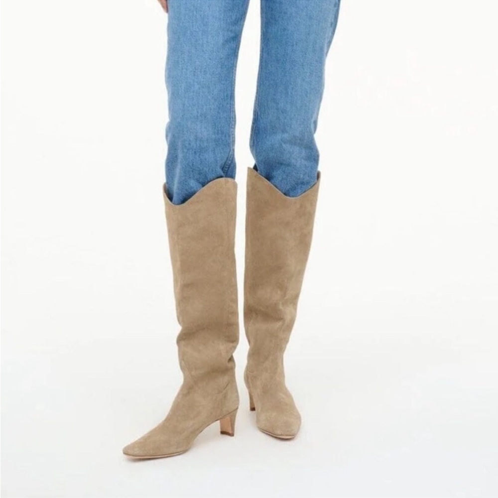 Staud Western Wally Tall Heeled in Dune Taupe Suede Pull On Boots Size 38.5